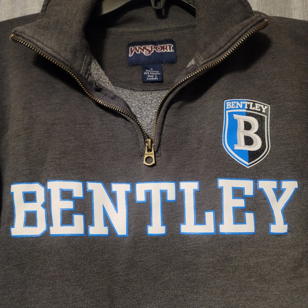 Y2K Jansport Men Bentley University Quarter Zip Sweatshirt Gray Small Collegiate